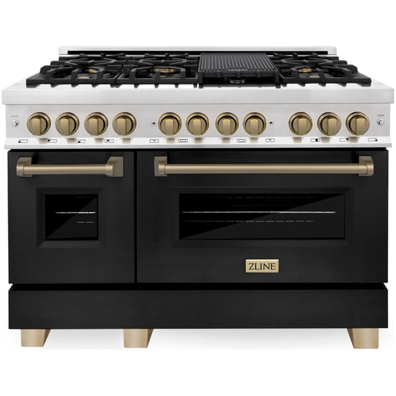 ZLINE Autograph Edition 48 in. 6.0 cu. ft. Legacy Dual Fuel Range with 7 Burner Gas Cooktop and 2 Electric Ovens in Stainless Steel with Black Matte Doors and Champagne Bronze Accents (RAZ-BLM-48-CB)