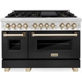 thumbnail image 1 of ZLINE Autograph Edition 48 in. 6.0 cu. ft. Legacy Dual Fuel Range with 7 Burner Gas Cooktop and 2 Electric Ovens in Stainless Steel with Black Matte Doors and Polished Gold Accents (RAZ-BLM-48-G), 1 of 7