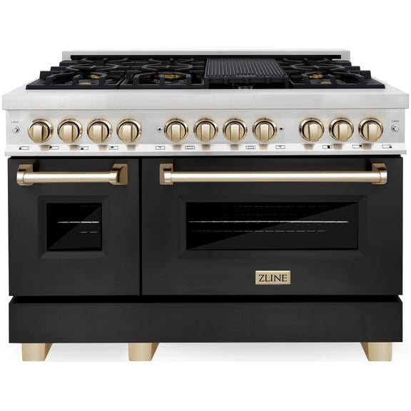 ZLINE Autograph Edition 48 in. 6.0 cu. ft. Legacy Dual Fuel Range with 7 Burner Gas Cooktop and 2 Electric Ovens in Stainless Steel with Black Matte Doors and Polished Gold Accents (RAZ-BLM-48-G)