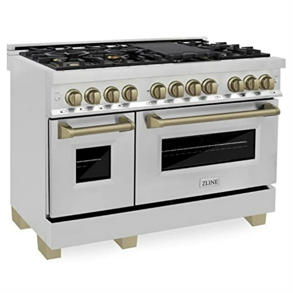 ZLINE Autograph Edition 48" 6.0 cu. ft. Dual Fuel Range with Gas Stove and Electric Oven in Stainless Steel with Champagne Bronze Accents (RAZ-48-CB)