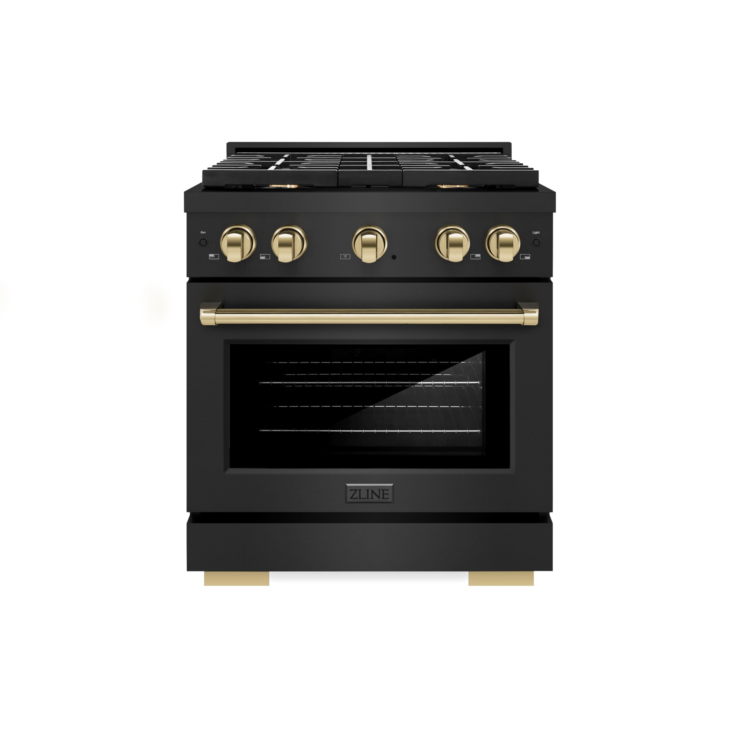 ZLINE Autograph Edition 30 in. 4.2 cu. ft. Paramount Gas Range with 4 Burner Cooktop and Convection Gas Oven in Black Stainless Steel and Polished Gold Accents (SGRBZ-30-G)
