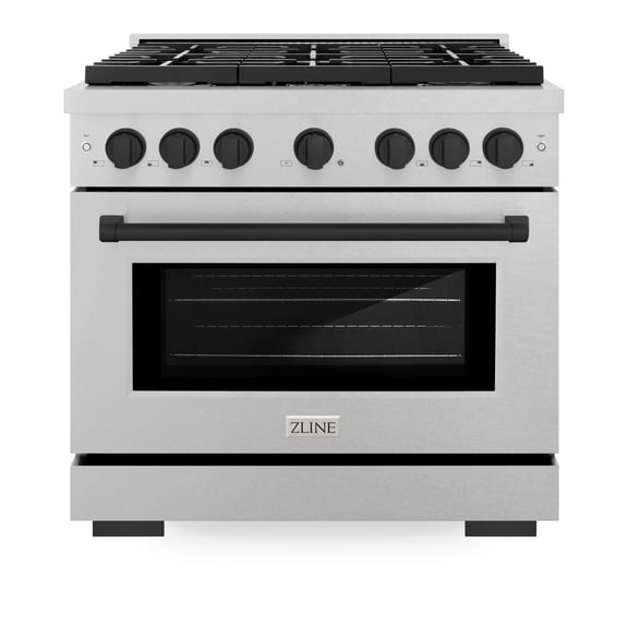 ZLINE Autograph Edition 36 in. 5.2 cu. ft. Paramount Gas Range with 6 Burner Cooktop and Convection Gas Oven in DuraSnow Stainless Steel and Matte Black Accents (SGRSZ-36-MB)
