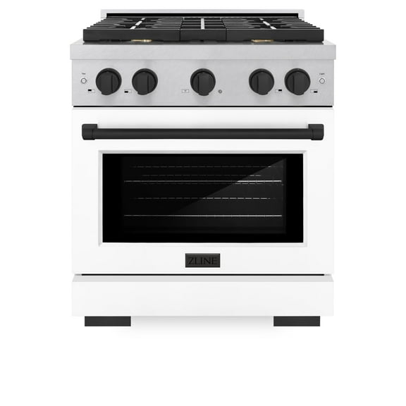 ZLINE Autograph 30" 4.2 cu. ft. Paramount Gas Range with Convection Gas Oven in DuraSnow Stainless Steel with White Matte Door and Matte Black Accents, SGRSZ-WM-30-MB
