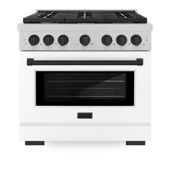 ZLINE Autograph Edition 36 in. 5.2 cu. ft. Paramount Gas Range with 6 Burner Cooktop and Convection Gas Oven in DuraSnow Stainless Steel with White Matte Door and Matte Black Accents (SGRSZ-WM-36-MB)