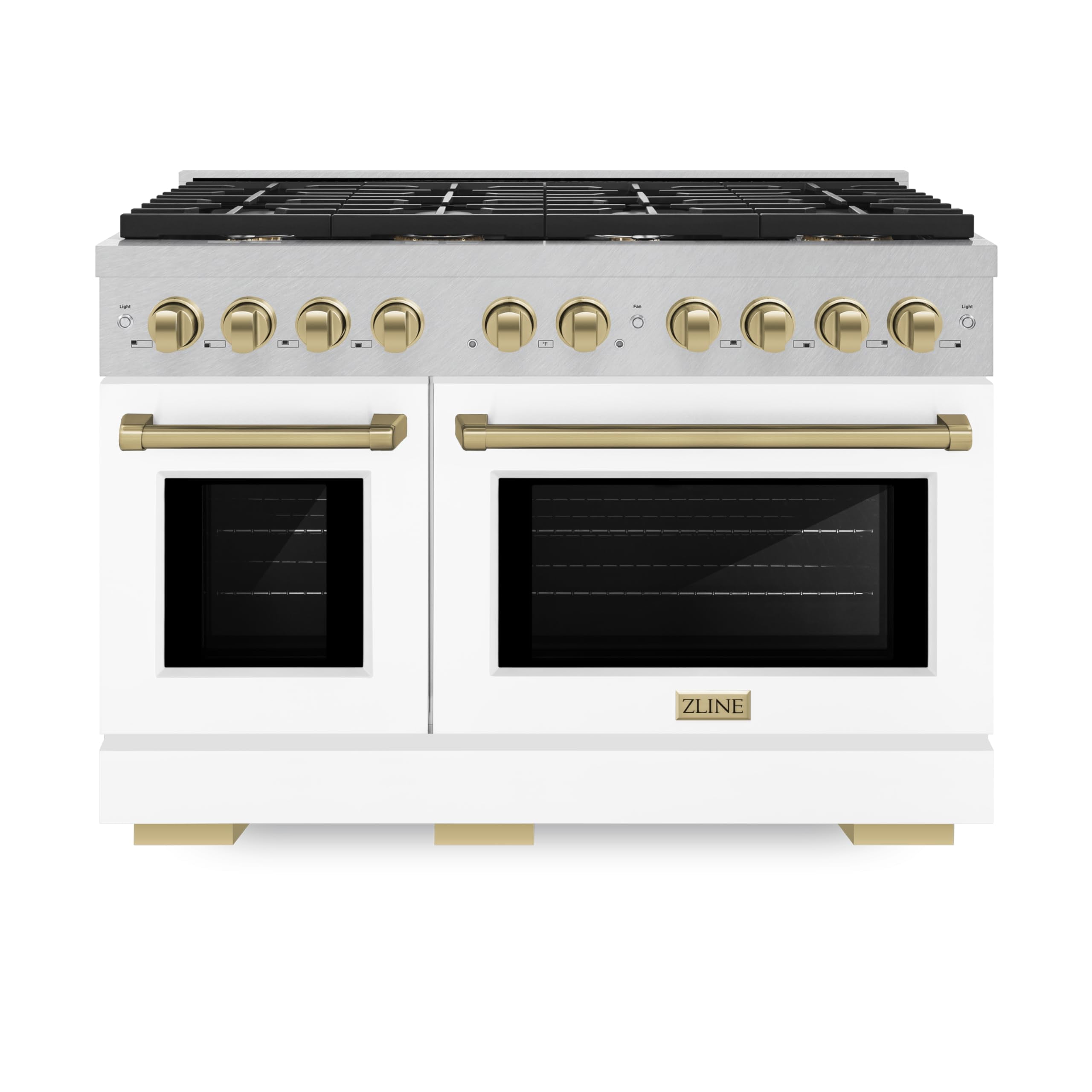 ZLINE Autograph Edition 48 in. 6.7 cu. ft. Paramount Double Oven Gas Range with 8 Burner Cooktop in DuraSnow Stainless Steel with White Matte Doors and Champagne Bronze Accents (SGRSZ-WM-48-CB)