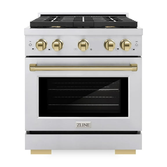 ZLINE Autograph Edition 30 in. 4.2 cu. ft. Paramount Gas Range with 4 Burner Cooktop and Convection Gas Oven in Stainless Steel and Polished Gold Accents (SGRZ-30-G)