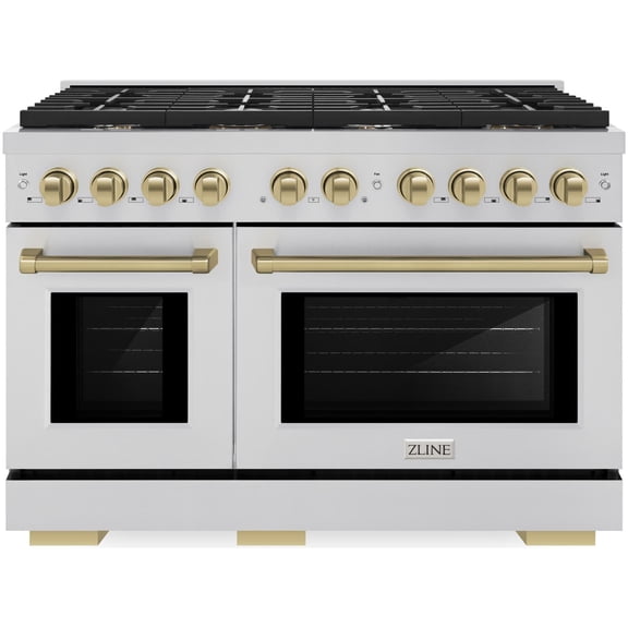 ZLINE Autograph Edition 48 in. 6.7 cu. ft. Paramount Double Oven Gas Range with 8 Burner Cooktop in Stainless Steel and Champagne Bronze Accents (SGRZ-48-CB)