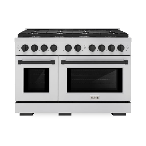 ZLINE Autograph Edition 48 in. 6.7 cu. ft. Paramount Double Oven Gas Range with 8 Burner Cooktop in Stainless Steel and Matte Black Accents (SGRZ-48-MB)