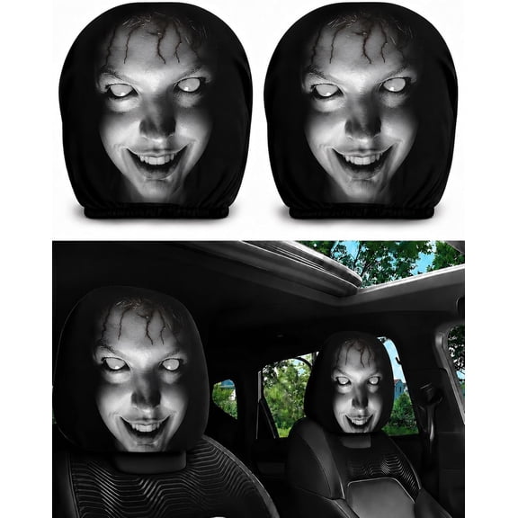 Zlinib 2PCS Ghost Face Headrest Covers, Scary Face Printing Auto Seat Universal Elastic Models Headrest Protector