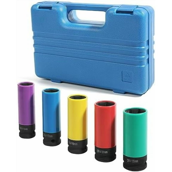 Zlirfy 5PCS 1/2 Inch Drive Impact Lug Nut Socket Set,Drive Deep Impact Socket,Car Accessories 15 17 19 21 22 MM Non-Marring Thin Wall Wheel Protector Nut Socket,Fit for 1/2" Drive Impact Wrench