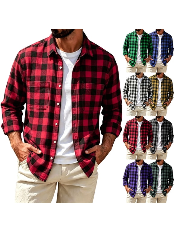 Classic Button Down Plaid Lapel Shacket for Men Collared Trendy Comfy Y2k Long Sleeve Big and Tall Regular Shirt Jacket with Pockets