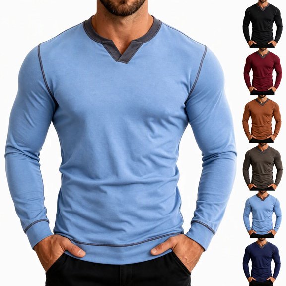 Zlsgbmv Classic V Neck Long Sleeve Shirts for Men Soft Lightweight Muscle Tees Regular Fit Basic Stretchy Undershirts Work Gym Golf Tops