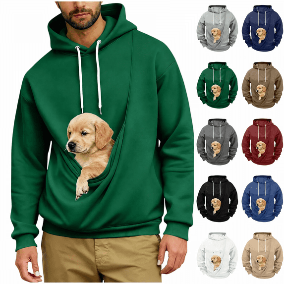 Zlsgbmv Mens Pet Pouch Hoodies Dog Holders Hooded Sweatshirts Big and Tall Pullover Comfy Animal Carrier Long Sleeve Winter Tops S-5XL