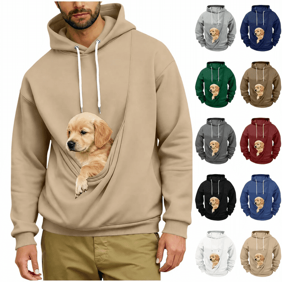 Zlsgbmv Mens Pet Pouch Hoodies Dog Holders Hooded Sweatshirts Big and Tall Pullover Comfy Animal Carrier Long Sleeve Winter Tops S-5XL