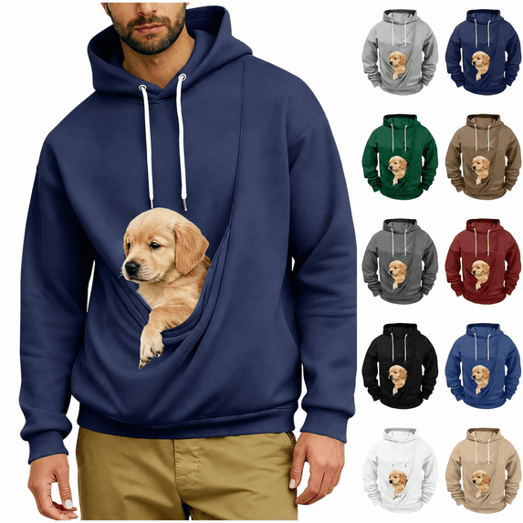 Zlsgbmv Mens Pet Pouch Hoodies Dog Holders Hooded Sweatshirts Big and Tall Pullover Comfy Animal Carrier Long Sleeve Winter Tops S-5XL