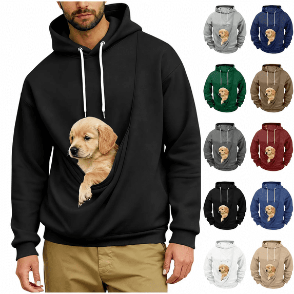 Zlsgbmv Mens Pet Pouch Hoodies Dog Holders Hooded Sweatshirts Big and Tall Pullover Comfy Animal Carrier Long Sleeve Winter Tops S-5XL