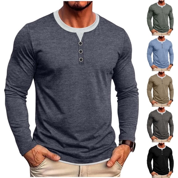 Zlsgbmv Two Piece Layered Henley Shirts for Men Big and Tall Long Sleeve Tees Stretchy Soft Trendy Work Golf Basic Undershirts Casual Daily Tops