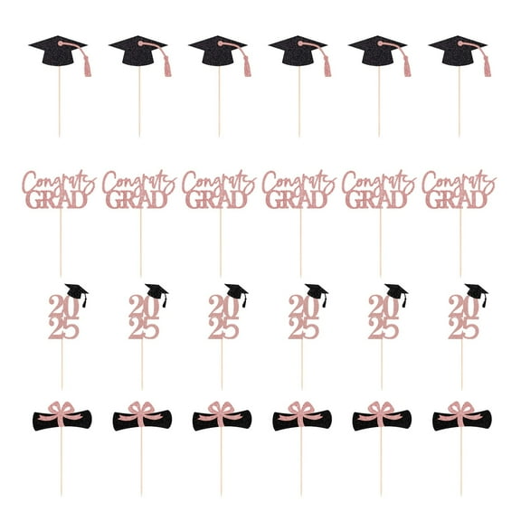 Zmeidao 24Pcs Graduation Cupcake Toppers 2025, Glitter Graduation Theme Food Appetizer Picks, Congrats Grad Cap Topper Toothpick Stick for Graduation Party Decorations Supplies