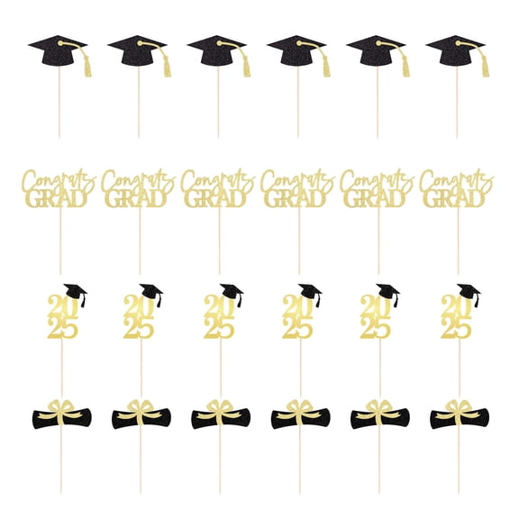 Zmeidao 24Pcs Graduation Cupcake Toppers 2025, Glitter Graduation Theme Food Appetizer Picks, Congrats Grad Cap Topper Toothpick Stick for Graduation Party Decorations Supplies