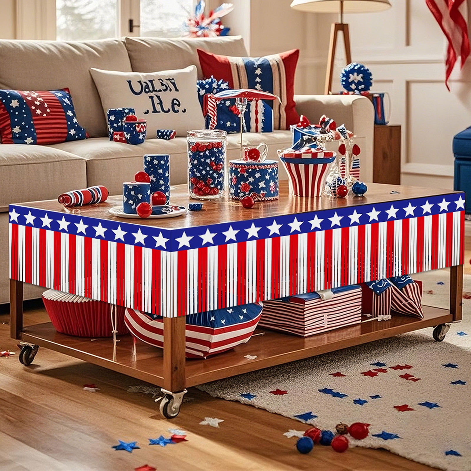 Zmeidao 4th of July Decorations, Red White Blue Fringe Backdrop Banner Table Skirts for Wedding Birthday Party 4th of July Memorial Patriotic Day Decoration