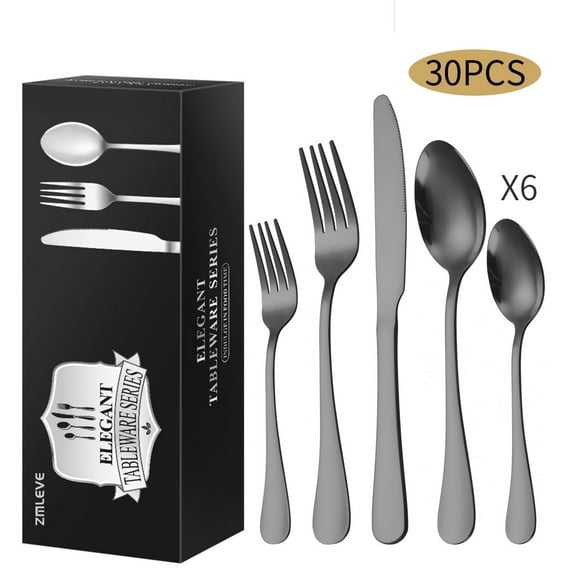Zmleve Silverware Sets, 30 PCS Flatware Set for 6, Premium Stainless Steel Cutlery Utensil Set Mirror Polished Forks and Spoons, Dishwasher Safe-Black
