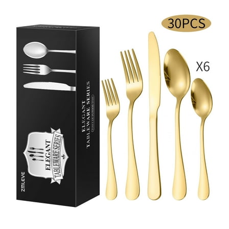 Zmleve Silverware Sets, 30 PCS Flatware Set for 6, Premium Stainless Steel Cutlery Utensil Set Mirror Polished Forks and Spoons, Dishwasher Safe-Gold