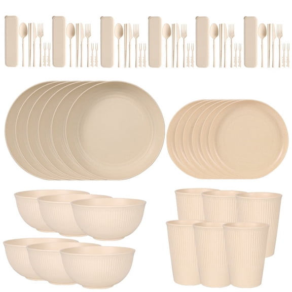 Zmleve Straw Cutlery Set, Unbreakable Plastic Plate and Bowl Set, Dishwasher and Microwave Safe, Beige, Serves 6