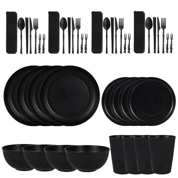 Zmleve Straw Cutlery Set, Unbreakable Plastic Plate and Bowl Set, Dishwasher and Microwave Safe, Black, Serves 4