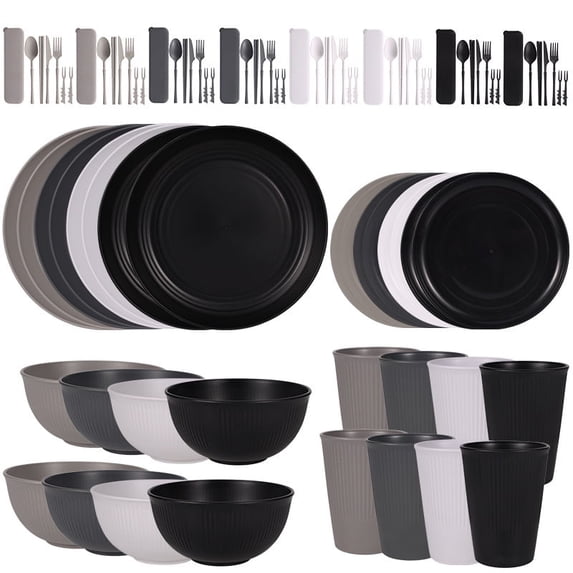 Zmleve Straw Cutlery Set, Unbreakable Plastic Plate and Bowl Set, Dishwasher and Microwave Safe, Multiple Colors, Serves8