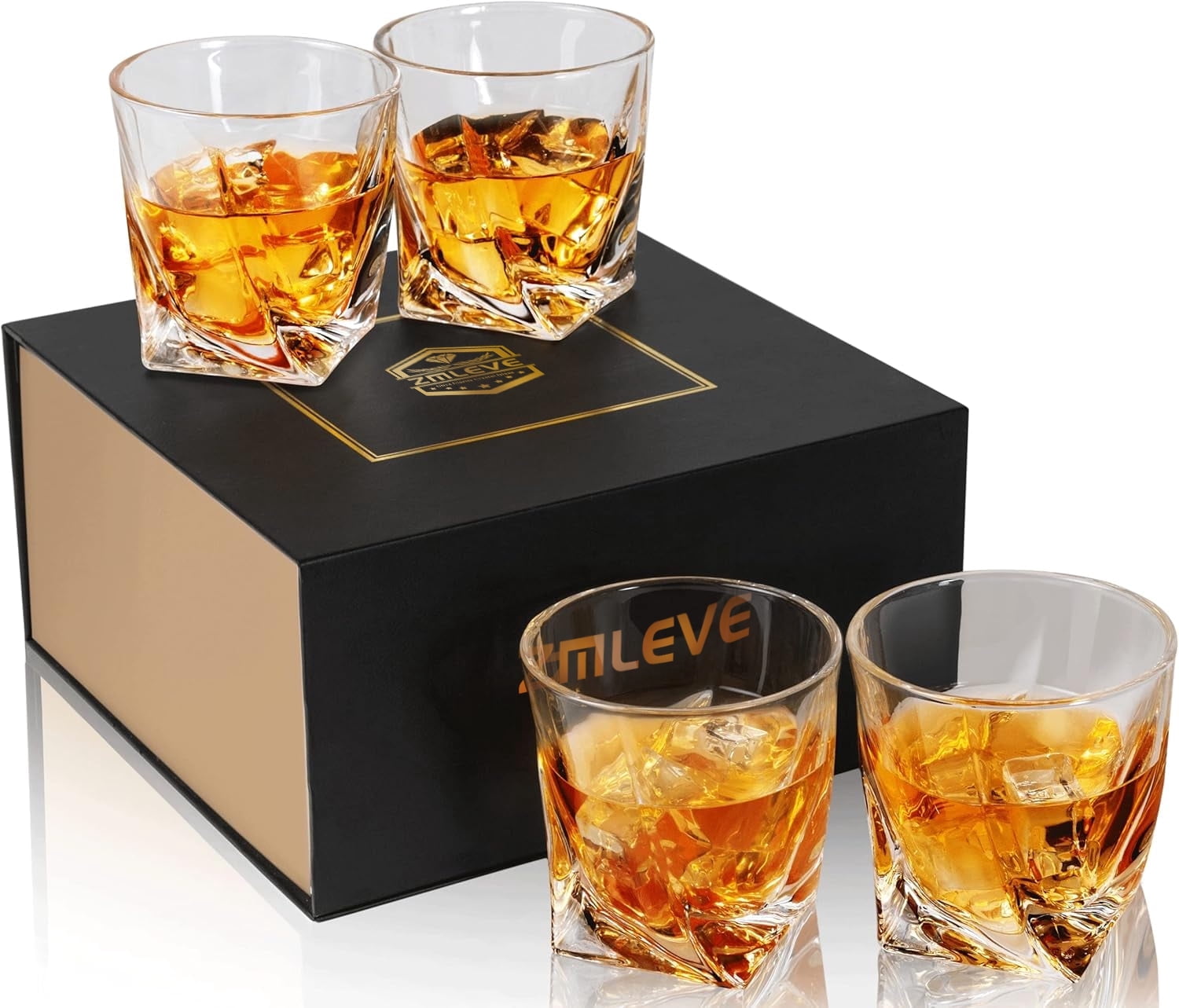 Zmleve Whiskey Glasses Set of 4, 10 Oz Crystal Old Fashioned Cocktail Glass in Gift Box, Twisted Lowball Bourbon Tumbler for Scotch Whisky Cognac, Rock Barware for Men Gift