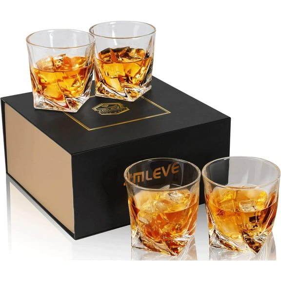 Zmleve Whiskey Glasses Set of 4, 10 Oz Crystal Old Fashioned Cocktail Glass in Gift Box, Twisted Lowball Bourbon Tumbler for Scotch Whisky Cognac, Rock Barware for Men Gift
