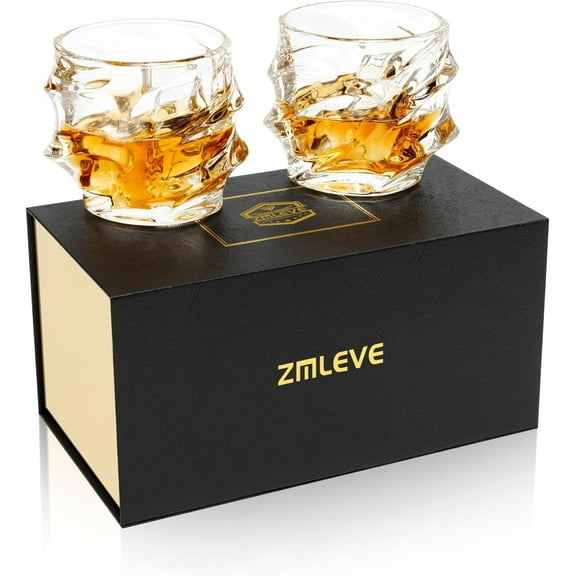 Zmleve Old Fashioned Whiskey Glasses - Set of 2 Bourbon Glass 10 oz with Luxury Box - Ultra Clear Crystal Rocks Barware for Scotch, Irish Whisky, Rum and Cocktail