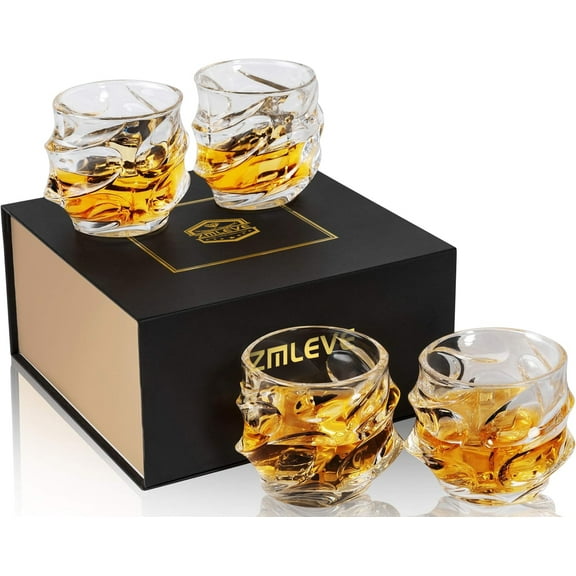 Zmleve Whiskey Glasses for Men, 11 Oz Crystal Bourbon Glass , Old Fashioned Rocks Barware for Scotch Cognac Vodka Cocktail Rum, Whisky Gifts Set for Father's Day-4 Pack