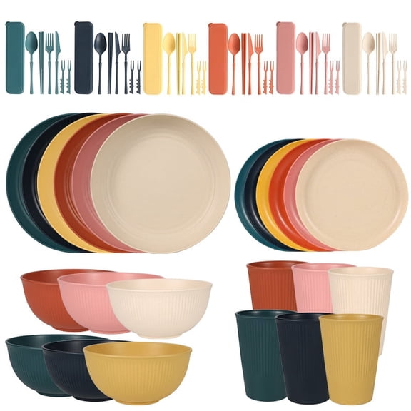 Zmleve straw cutlery set, unbreakable plastic plate and bowl set, dishwasher and microwave safe, multiple colors, serves 6.