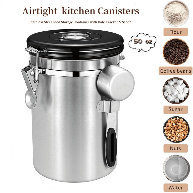 Zmoon Airtight Coffee Canister 50 oz Stainless Steel Kitchen Storage  Container with Date Tracker & Scoop Air Tight Coffee Jar for Grounds Coffee,  Beans, Tea, Flour, Cereal, Sugar 