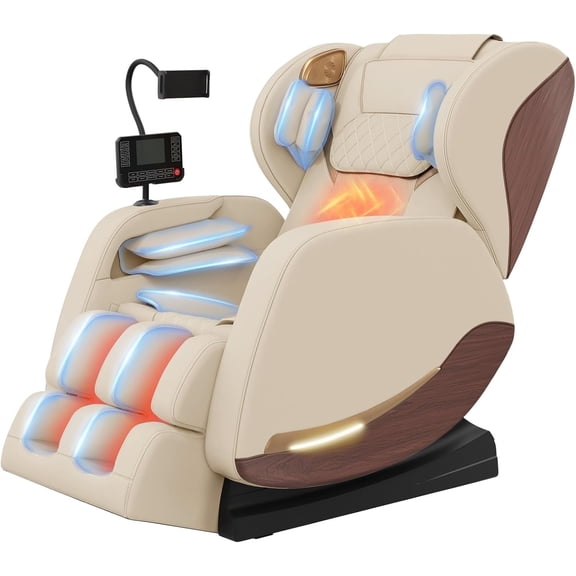 Znines Zero Gravity Full Body Massage Chair with 10-Point Fixed Massage, Lumbar Heat, Foot Roller & Airbags, Wood Grain Leather, Bluetooth,White