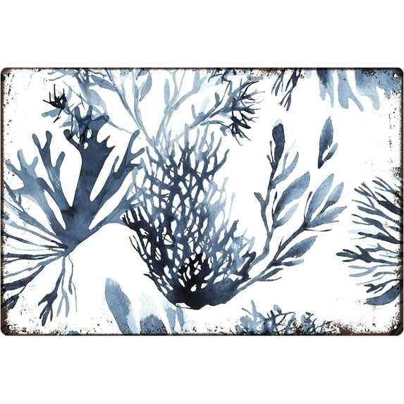 Znzd Navy Blue Coastal Beach Metal Signs, Watercolor Coral Seaweed Metal Tin Sign Wall Decor, Ocean Wall Art Decor, Ocean Beach Room Decor, Coastal Home Bathroom Decor, 12x8 Inch