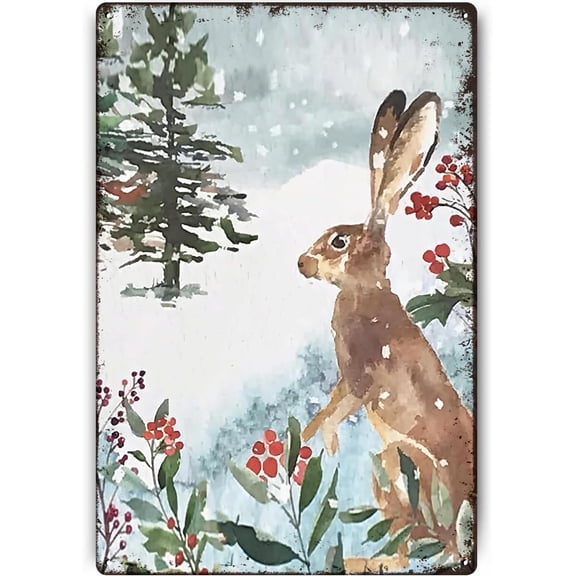 Znzd Vintage Metal Signs,Winter Snowy Trees Wild Animals Hare Wall Funny Metal Signs,Christmas Watercolor Paintings for Christmas Themed Decor Bedroom Living Room Home Decor Gifts8x12 Inch