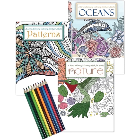 ZoCo Adult Coloring Books Gift Set 3 Coloring Books (Oceans, Nature & Patterns), 72 Designs, 10 Pre-Sharpened Colored Pencils, Perforated Pages, Stress Relief Art Activity for Adults & Teens
