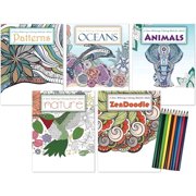 ZoCo 5-Pack Adult Coloring Books Gift Set   120 Coloring Pages with 10 Pre-Sharpened Colored Pencils, Oceans, Nature, Animals, Patterns & ZenDoodle, Stress Relief Art Activity for Adults & Teens