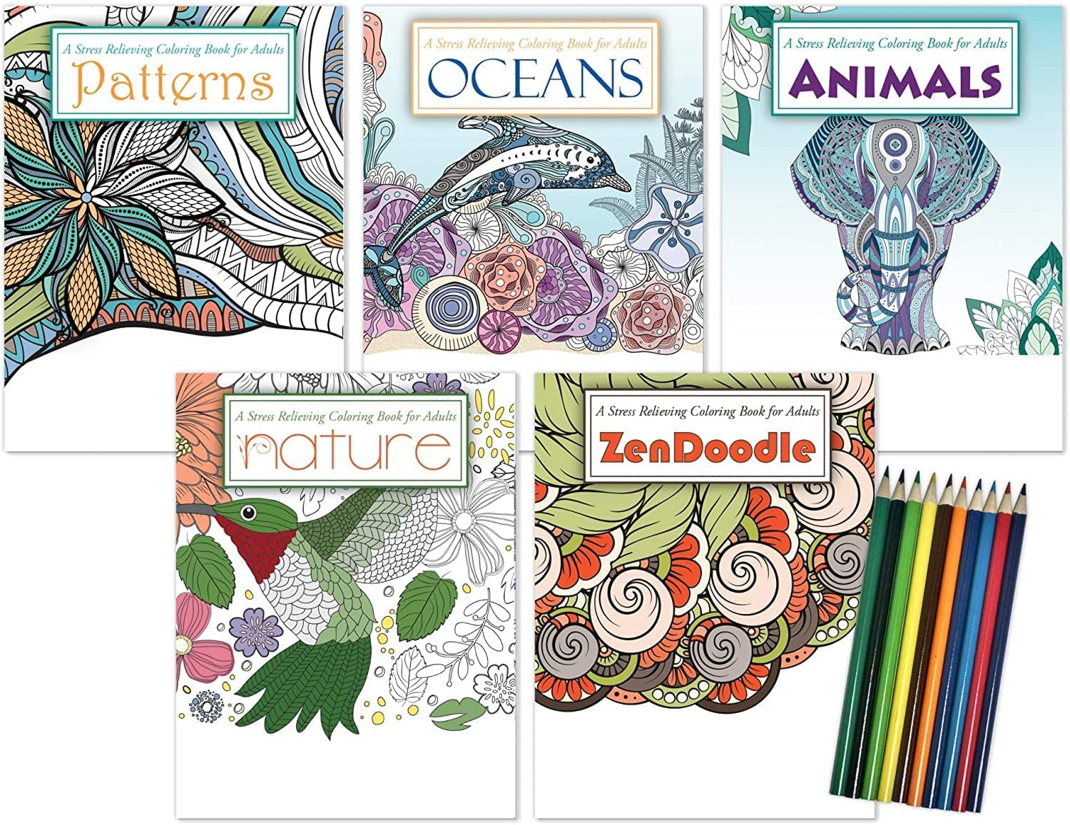 ZoCo: 5-Pack Adult Coloring Book Gift Bundle with Colored Pencils, 120 Pages
