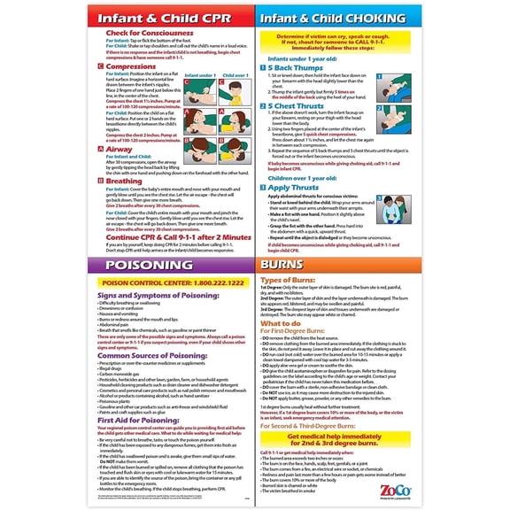 ZoCo Infant & Child CPR, Choking, Poisoning & Burns Laminated Poster - 12" x 18"