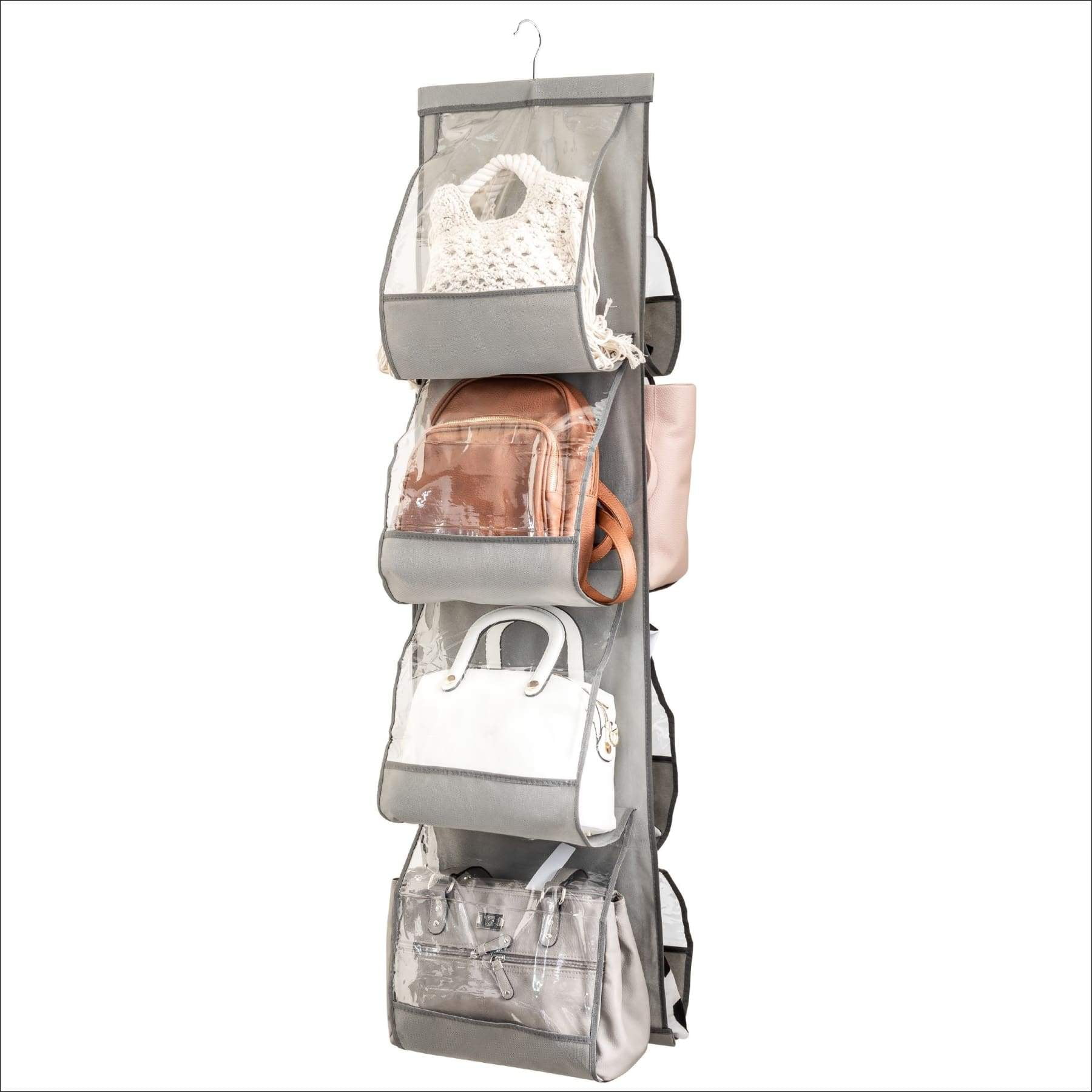 Zober Hanging Purse Organizer For Closet Clear Handbag Organizer For Purses,  Handbags Etc. 8 Easy Access Clear Vinyl Pockets With 360 Degree Swivel  Hook, Gray, 48” L x 13.8” W 48 L x 1 