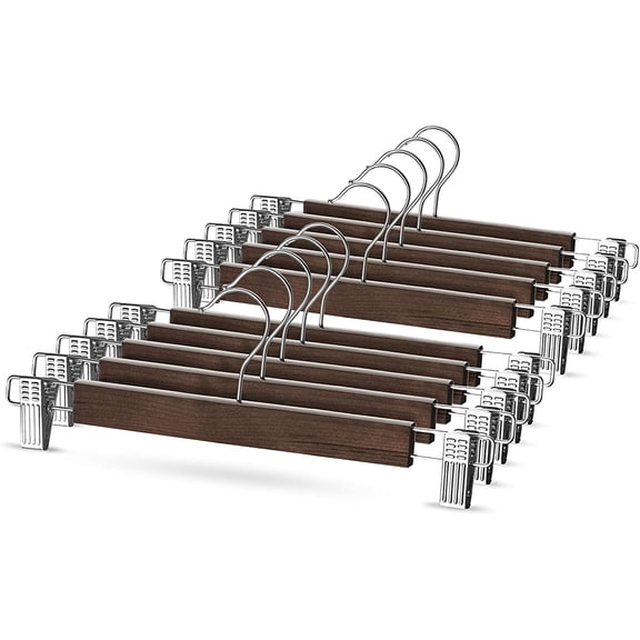 Zober Wood and Metal Pant Clothes Hangers with Metal Clips, 10 Count
