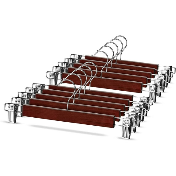 Zober Wooden Pants Hangers with Metal Clips, 10 Pack, Cherry