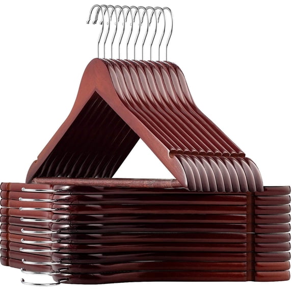 Zober Wooden Suit Hangers - Smooth Finish Solid Wood Coat Hanger with Non Slip Pants Bar, 360° Swivel Hook and Precisely Cut Notches for Camisole, Jacket, Pant, Dress Clothes Hangers Cherry 20 Pack
