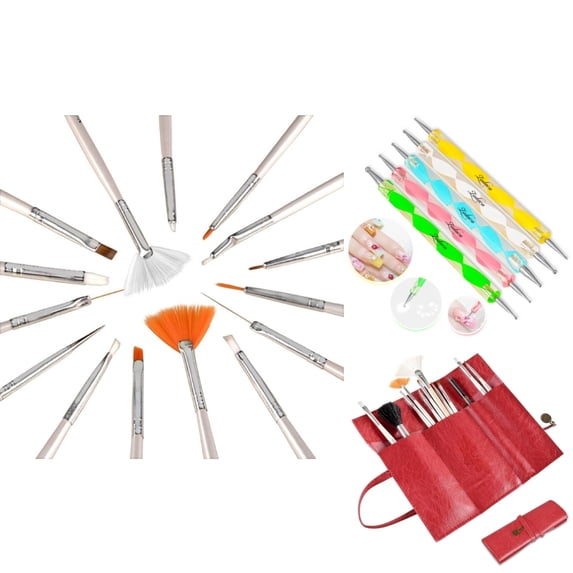 Zodaca 20 Pcs Nail Art Design Painting Dotting Pen Brushes Set Tool + Red Cosmetic Make Up Roll up Bag (3-in-1 Accessory Bundle)