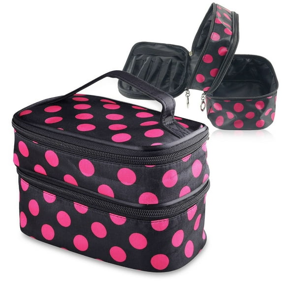 Zodaca Black/Hot Pink Dot Cosmetic Bag Travel Organizer Case Double Layer MakeUp Wash Bag