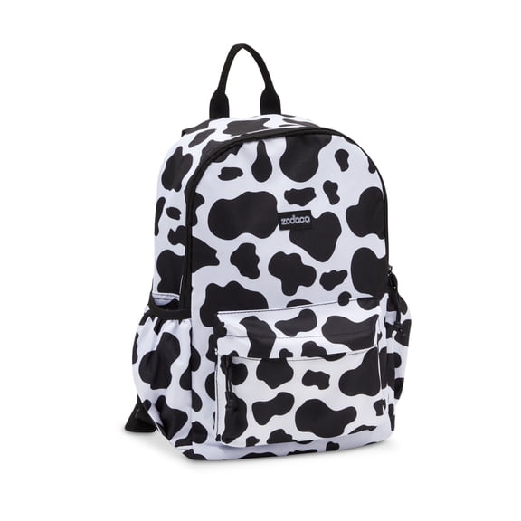 Zodaca Cow Print Girls Backpack - 12.5 x 4.5 x 15 in, Black & White - Mini Backpack for Women with Adjustable Padded Straps & Side Pockets for School & Travel