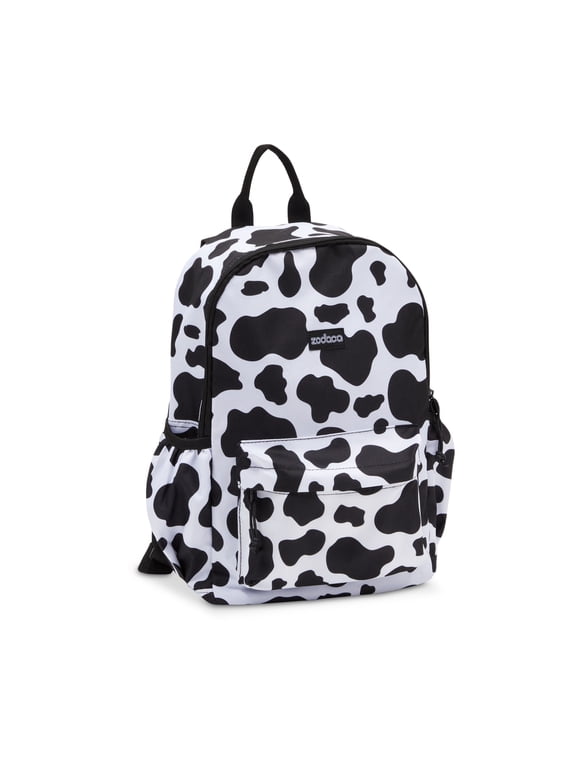 Zodaca Cow Print Girls Backpack - 12.5 x 4.5 x 15 in, Black & White - Mini Backpack for Women with Adjustable Padded Straps & Side Pockets for School & Travel